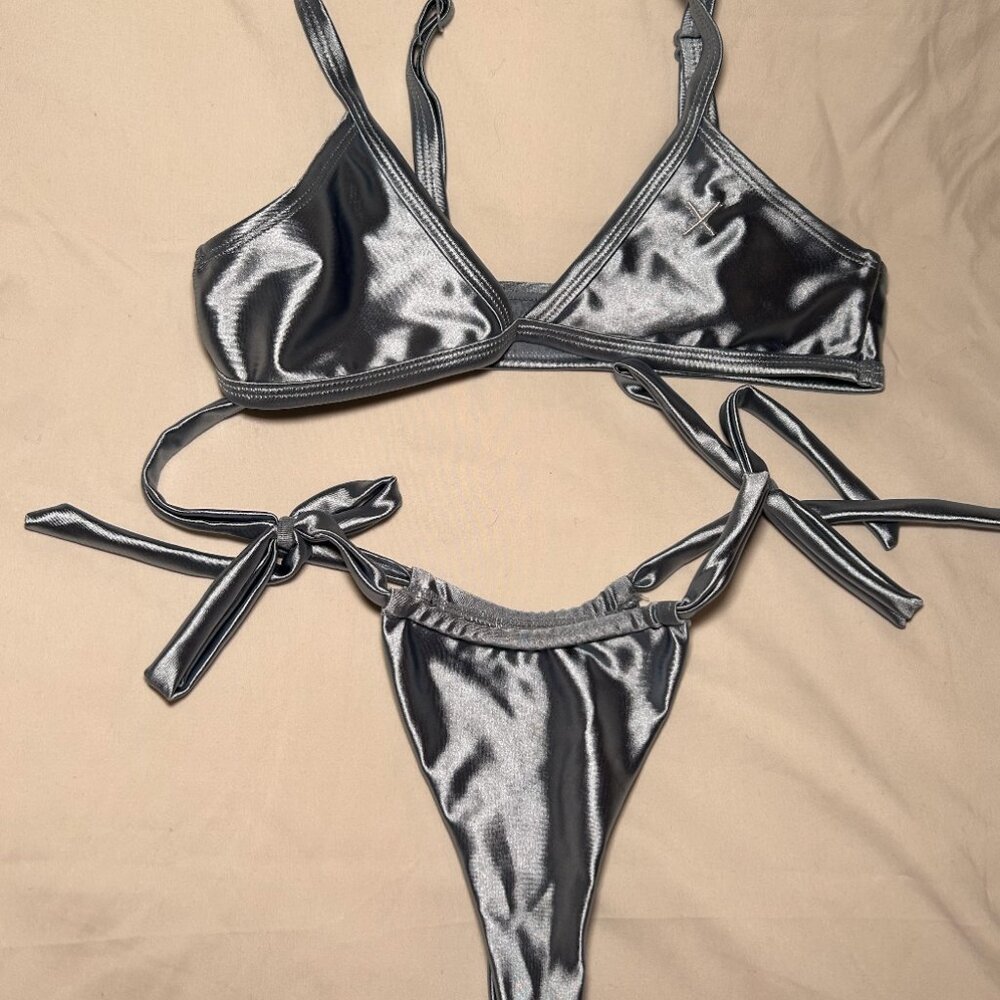 BoutineLA Satin Blue Bikini Set